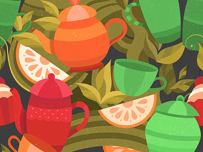 Pattern for tea packing box cup flat fruits green illustration kettle leaf pack packing pattern tea