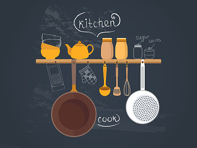 Set of illustrations - kitchen, cooking. blackboard chalkboard cook cooking dish food frying illustrations kitchen pan prepare