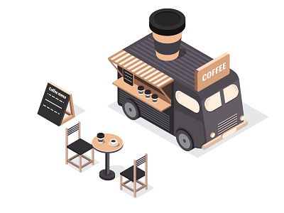 Set of isometric illustrations of the food trucks 3d black bus cafe coffee cup cup of coffee food illustration isometric isometry truck