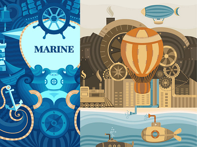 Part 1. Set of illustrations 2016-2017 years. big ben childrens book digital flat illustration london london eye marine postcard sea steampunk style