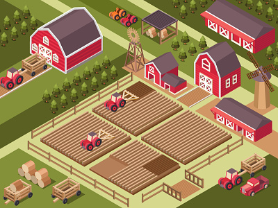Isometric illustration of a farm