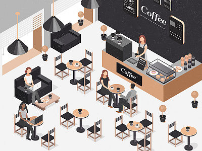 Coffee time 3d cafe co working coffee coffee cup coffee house coffee machine coffeeshop cup drink espresso hot illustration interior isometric isometry lounge people vector work