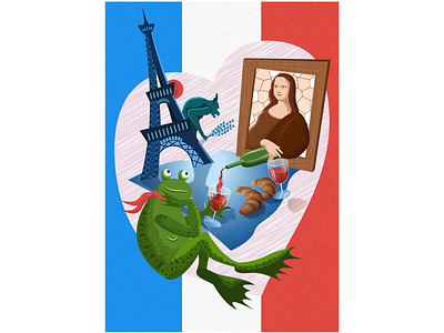 French breakfast on the grass adobe illustrator cartoon character comic france french french style frog gargouille illustration mona lisa paris tour eiffel vector wine