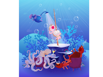 Dancing shell adobe illustrator cartoon character club comic crab dance illustration octopus pylon sea shell strip vector