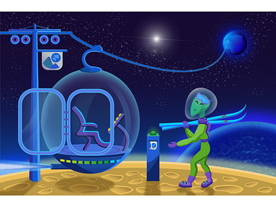 Extraterrestrial creature travels to Earth adobe illustrator alien cartoon character comic cosmos extraterrestrial illustration neon space space shuttle stars vector