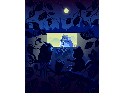 Cat watching a film together with an own on a tree adobe illustrator cartoon cat character comic illustration movie opencinema popcorn skyline tree vector