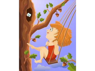 Curious girl swinging adobe illustrator cartoon character child comic curious girl illustration swing tree vector