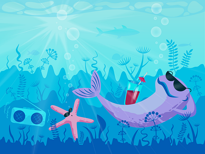 Fish and starfish relaxing and sunbathing under water adobe illustrator cartoon character comic fish holiday illustration ocean sea starfish underwater vector water