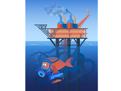 Fish swimming away from oil spill adobe illustrator cartoon catastrophe character comic eco fish illustration migration ocean oil oil derrick pollution vector water