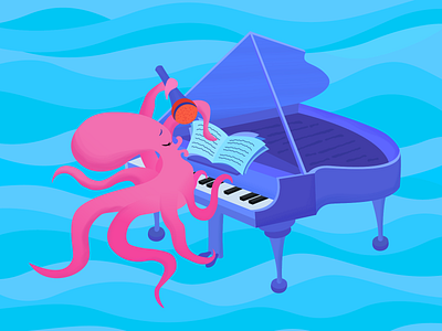 Octopus playing the piano and singing 2d adobe illustrator cartoon character comic concert digitalpainting funny illustration music octopus piano play sing underwater vector