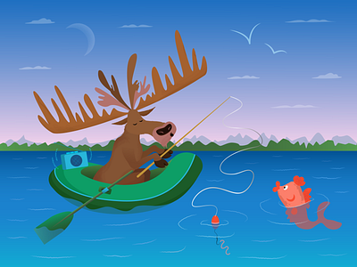 A deer sailing a boat and fishing