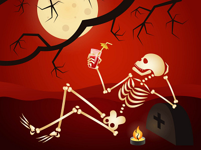 A skeleton sitting on a cemetery and looking on the full moon adobe illustrator autumn bones cartoon character cocktail comic design full moon halloween illustration moon night october orange scary silhouette skeleton trick or treat vector