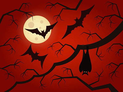 Halloween night, bats silhouettes in the orange sky adobe illustrator bats branches cartoon design halloween horror illustration moon night orange scary solhouette spooky trick or treat vector