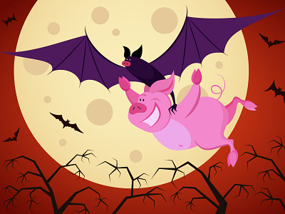 Cute piglet flying with a bat on a Halloween night