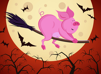 Witch piglet flying on a broom during the Halloween night adobe illustrator cartoon character comic czarownica fly halloween illustration ilustracja dla dzieci moon night pig silhouette vector witch świnia