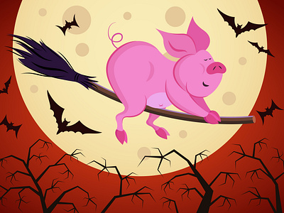 Witch piglet flying on a broom during the Halloween night adobe illustrator cartoon character comic czarownica fly halloween illustration ilustracja dla dzieci moon night pig silhouette vector witch świnia