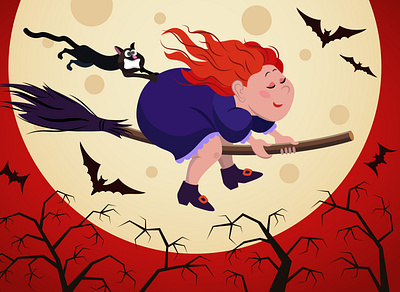 A young redheaded witch is flying with her cat on at Halloween adobe illustrator cartoon character comic flying full moon halloween illustration magic mystic night sky scary silhouette vector witch