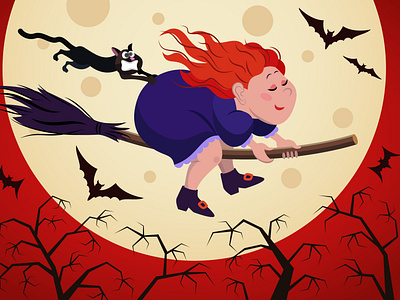 A young redheaded witch is flying with her cat on at Halloween