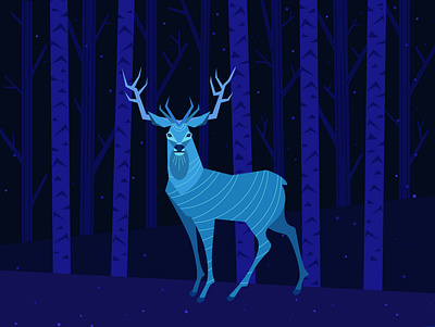 A deer walking in the forest at night adobe illustrator animal cartoon christmas cold deer forest horns illustration night postcard snow trees vector winter