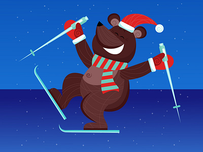 A happy bear skiing in cold snowy weather