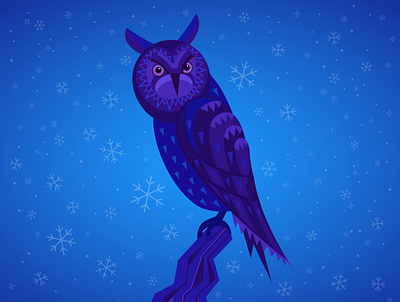 Night owl adobe illustrator bird bird on tree cartoon character christmas christmas mood christmas postcard cold frost illustration owl snow flakes snowfall snowy vector wind winter