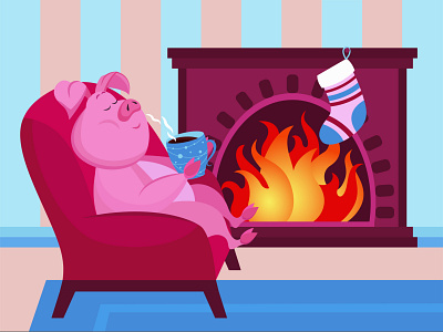 Piglet character near the fireplace adobe illustrator animal cartoon cartoon pig character character design comic cute piglet drink cacao evening fireplace happy new year illustration merry christmas pig character vector vector pig winter mood