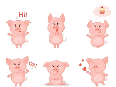 piggy set animals cartoon character cute cute animals illustration pig piggy stickers vector