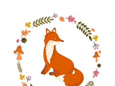 wreath design template print with fox animal autumn character fox illustration poster vector