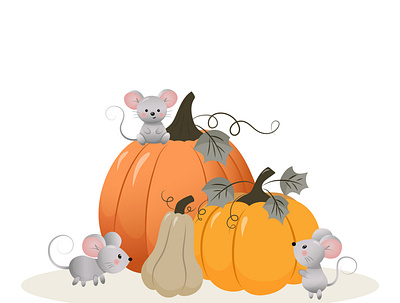 Postcard with pumpkin and mouses. animal autumn card character illustration mouses poster pumpkin vector