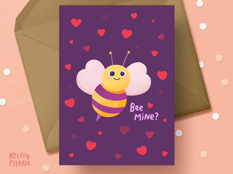 Printable Greeting Card card greetingcard shop romantic hearts bee pink etsy love valentines illustrator illustration