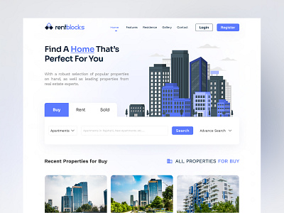 RentBlocks - Real Estate Landing Page. clean design home page house house rent landing page properties property website real estate real estate agency real estate agent ui ui design user interface ux web design website website design