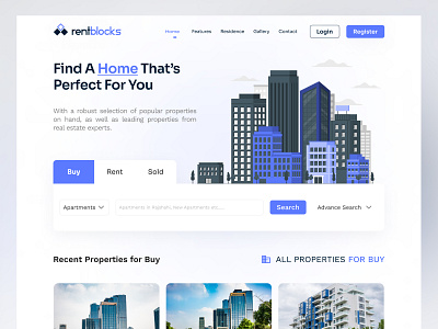 RentBlocks - Real Estate Landing Page. building clean house house rent landing page properties property management property website real estate real estate agency real estate agent residence simple template ui ux web web design website website design