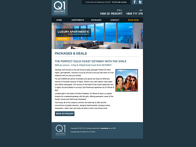 Q1 Holidays Gold Coast Email Newsletter apartments blue clean e cbd email email design gold coast luxury newsletter
