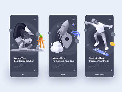 Onboarding Screen Design (Dark Version) android apps creative design illustration landing page minimal onboarding onboarding screen onboarding ui trendy ui ui design ux design