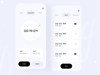 Alarm Clock Minimal App alarm android application black and white clock clock app creative ios ios app minimal mobile app stopwatch app ui design ux design