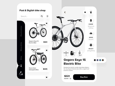 Bike Shop App android app application bike bike shop black and white buy cart creative ecommence ecommerce app ios landing page minimal motor bike ui design ux design