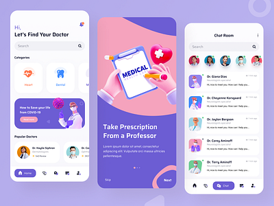 Home & Chat Screen- Doctor Appointment App android app application appointment chat digital product doctor app doctor appointment doctor meet figma illustration ios landing page minimal onboarding ui prescription screen ui design ux design video call