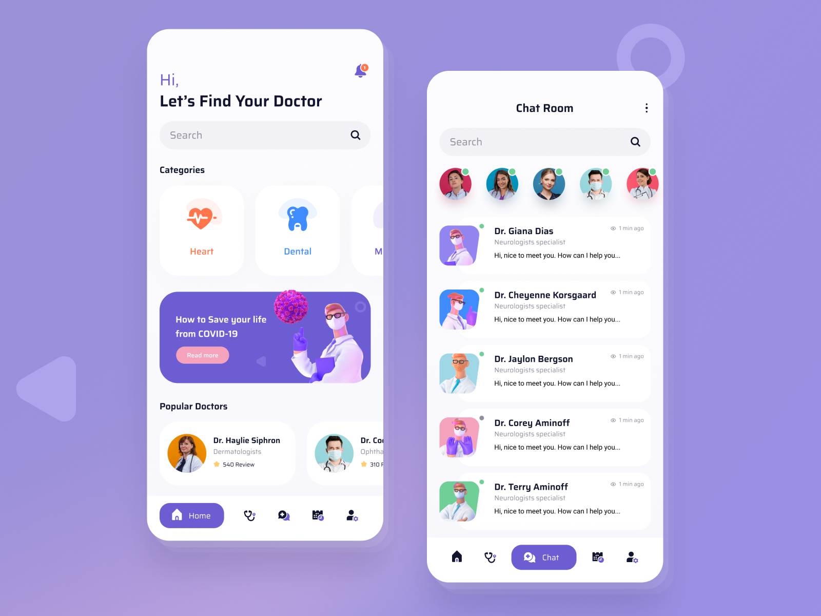 Home & Chat Screen- Doctor Appointment App by Shafiqul Islam 🌱 on Dribbble