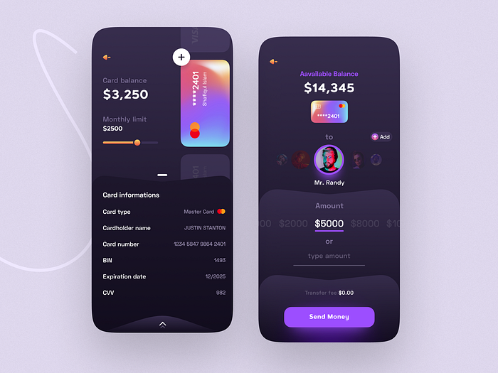 Finance Mobile App Interface Dark by Shafiqul Islam 🌱 for QClay on Dribbble