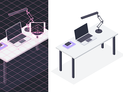 Isometric workplace character iavgel illustration isometric lamp mac purple workplace