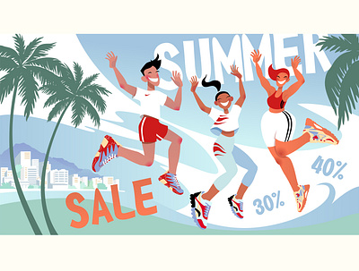 Illustration with summer characters. art artwork cartoon cartoon character character coastal town digital illustration fun illustration palm sea sport summer summertime vector