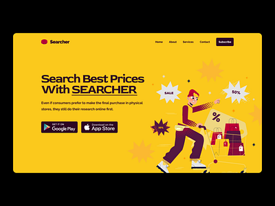 Searcher - Page Design For A Web Platform commercial home page one page search ui uiux web design yellow