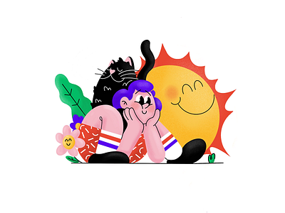 Curious cartoon cat character composition design flower illustration illustrator kid procreate sun vector