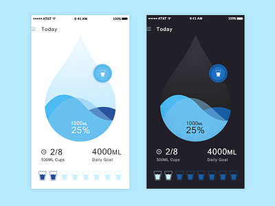 Water Tracking app blue dashboard data drop fitness health ios light dark theme tracking water