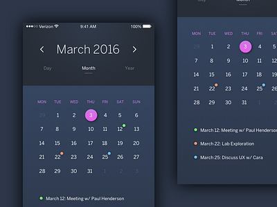 Calendar App app calendar daily ui dark design iphone mobile page plan ui ux web