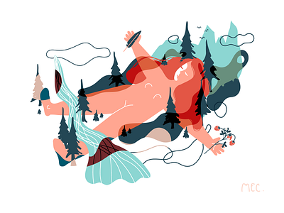 Homesick color concept drawing flat forest giant hand hiking illustration memory mountains outdoors pink vector
