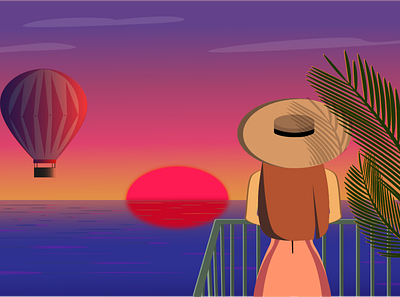 Sunset 2d adobe illustrator design girl graphic design hat illustration palm sea sun sunset