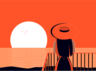 Sunset mood 2d adobe illustrator design girl graphic design hot day illustration orange sea sun sunset