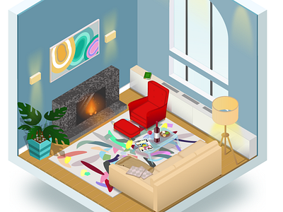 Isometric 2d 3d adobe illustrator design fireplace graphic design house illustration isometric room sofa vector window wine
