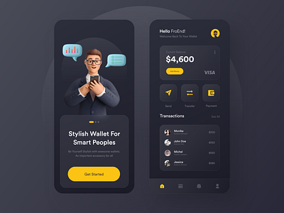 Dark UI - Wallet App app design app design glassmorphism ui banking app dark app design dark ui e wallet finance finance app mobile app ui design wallet wallet app